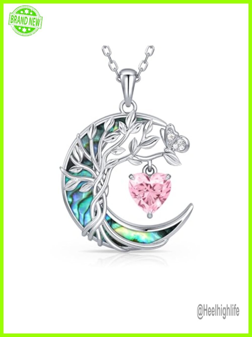 S925 Sterling Silver Tree of Life Abalone Shell Moon Pendant Necklace